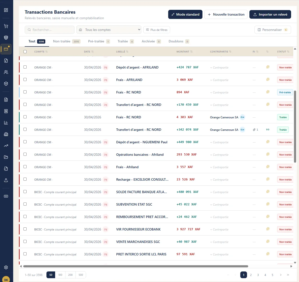Écran Transactions bancaires de SynkriaOps : import de relevés et catégorisation automatique débit, crédit et frais
