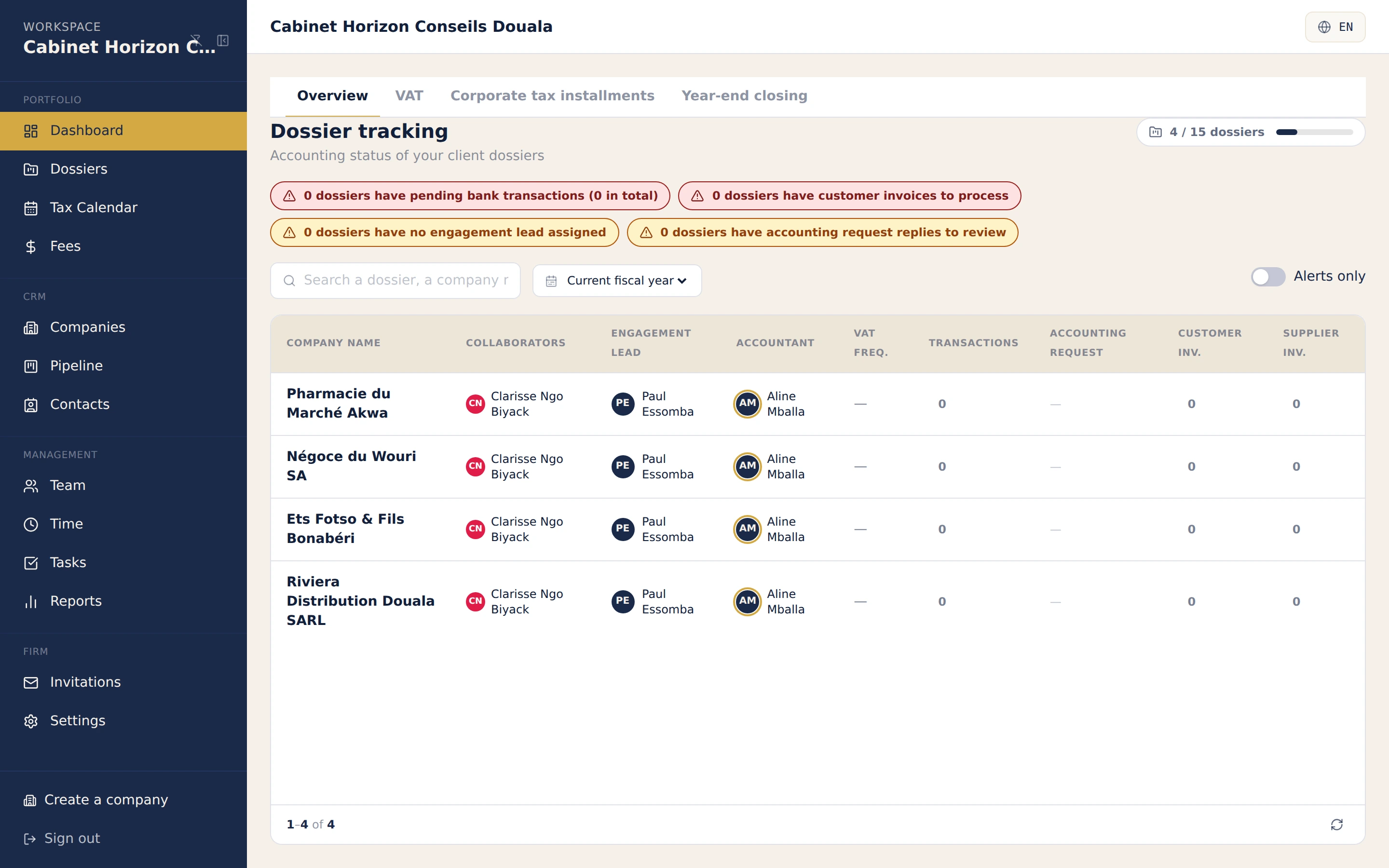 SynkriaOps firm cockpit: client folder tracking with assigned engagement lead, chartered accountant and collaborators.