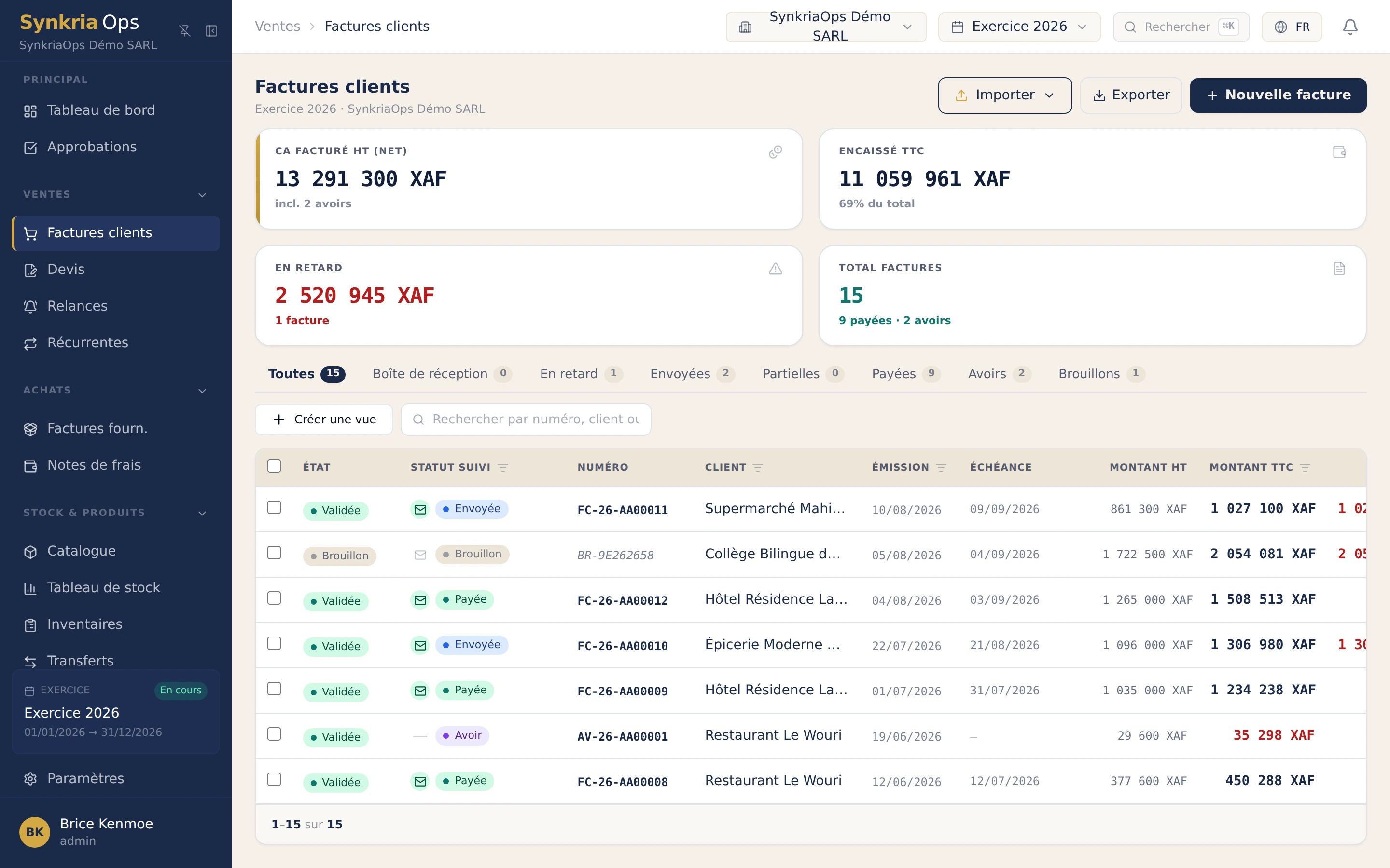 Liste des factures clients dans SynkriaOps avec statuts de paiement, montants en XAF et relances.