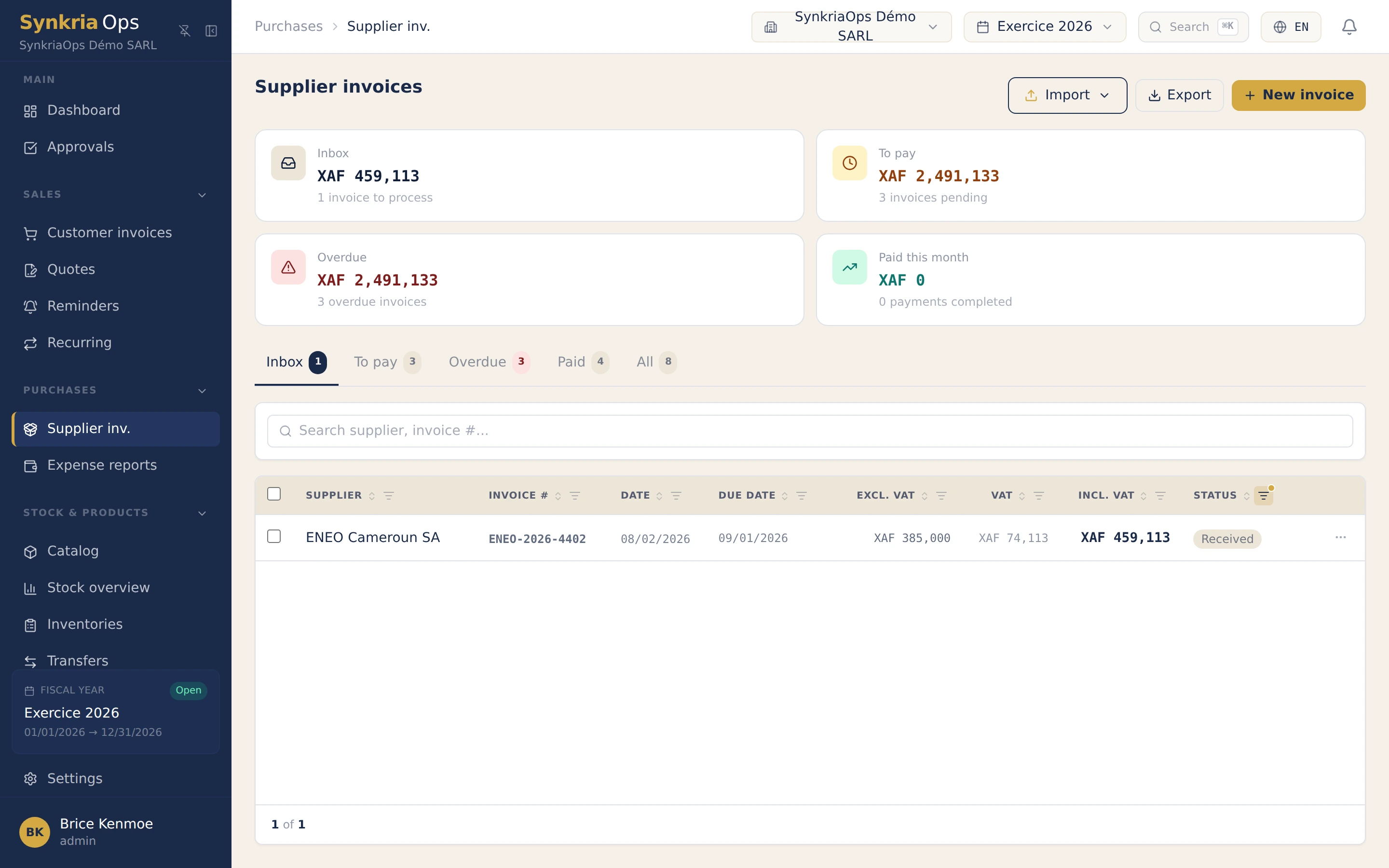 Supplier invoices imported through OCR in SynkriaOps, amounts and counterparties extracted automatically.