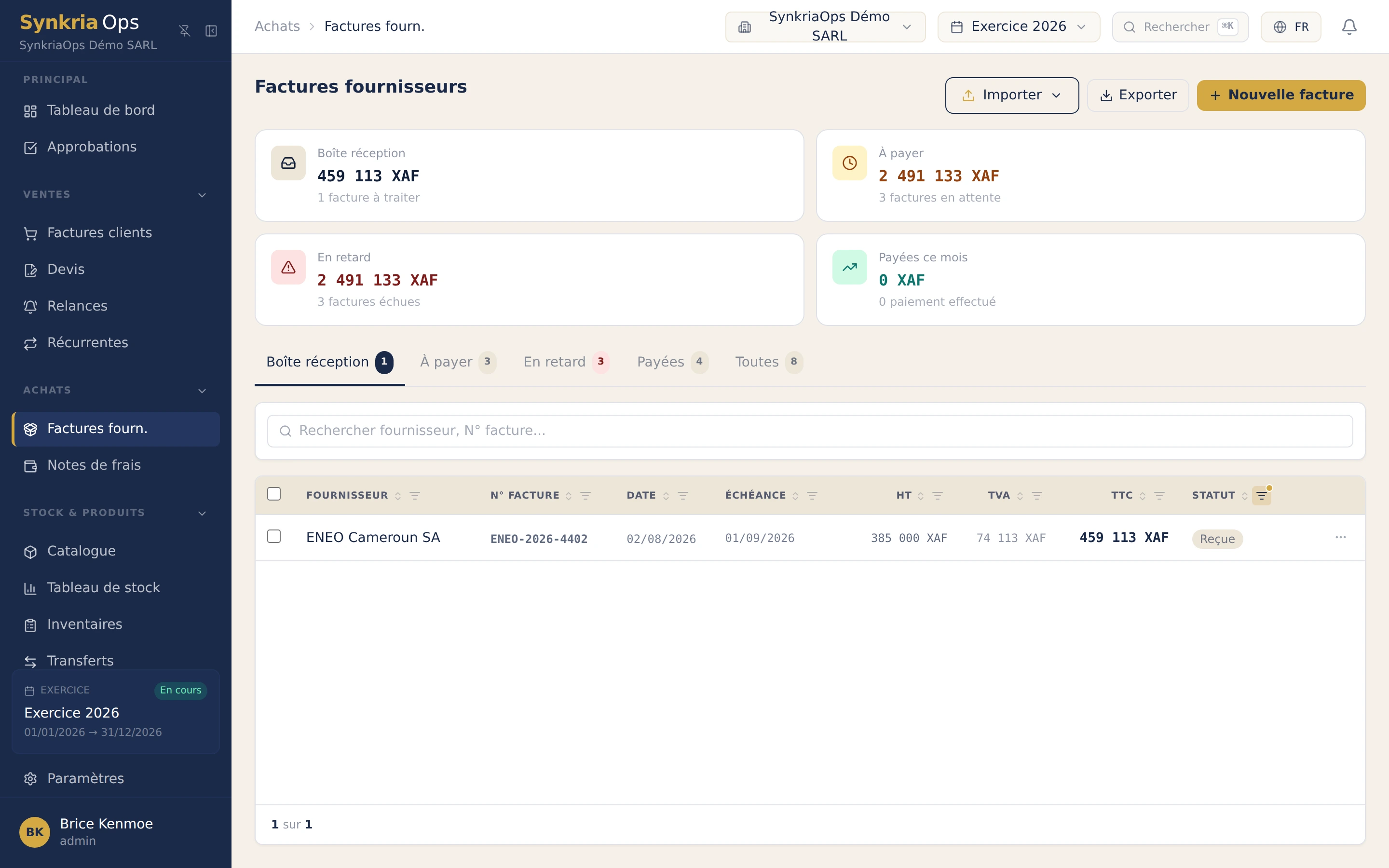Factures fournisseurs importées par OCR dans SynkriaOps, montants et tiers extraits automatiquement.
