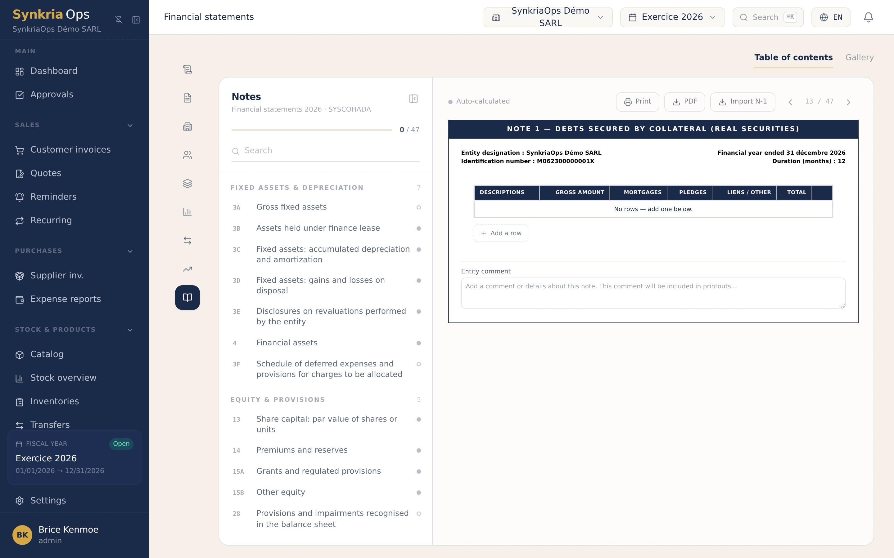 SYSCOHADA notes to the financial statements generated automatically by SynkriaOps.