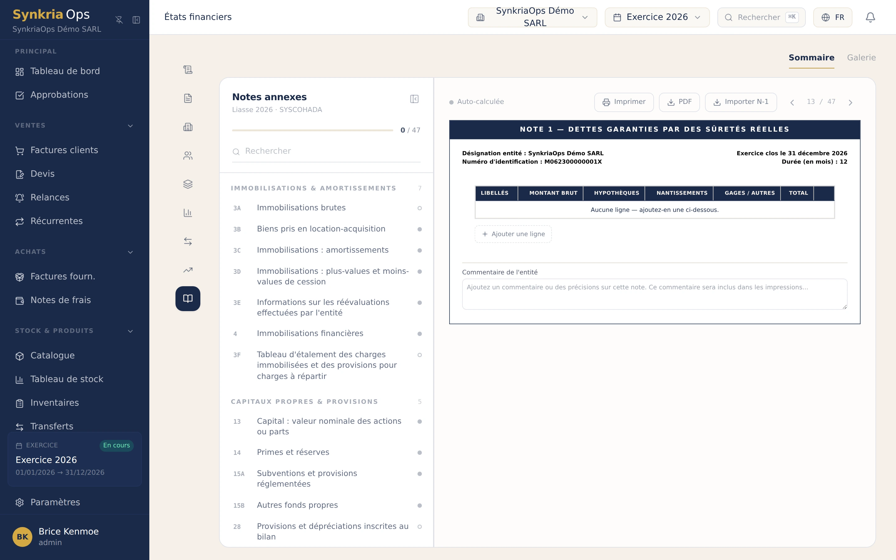 Notes annexes SYSCOHADA générées automatiquement par SynkriaOps dans le module états financiers.