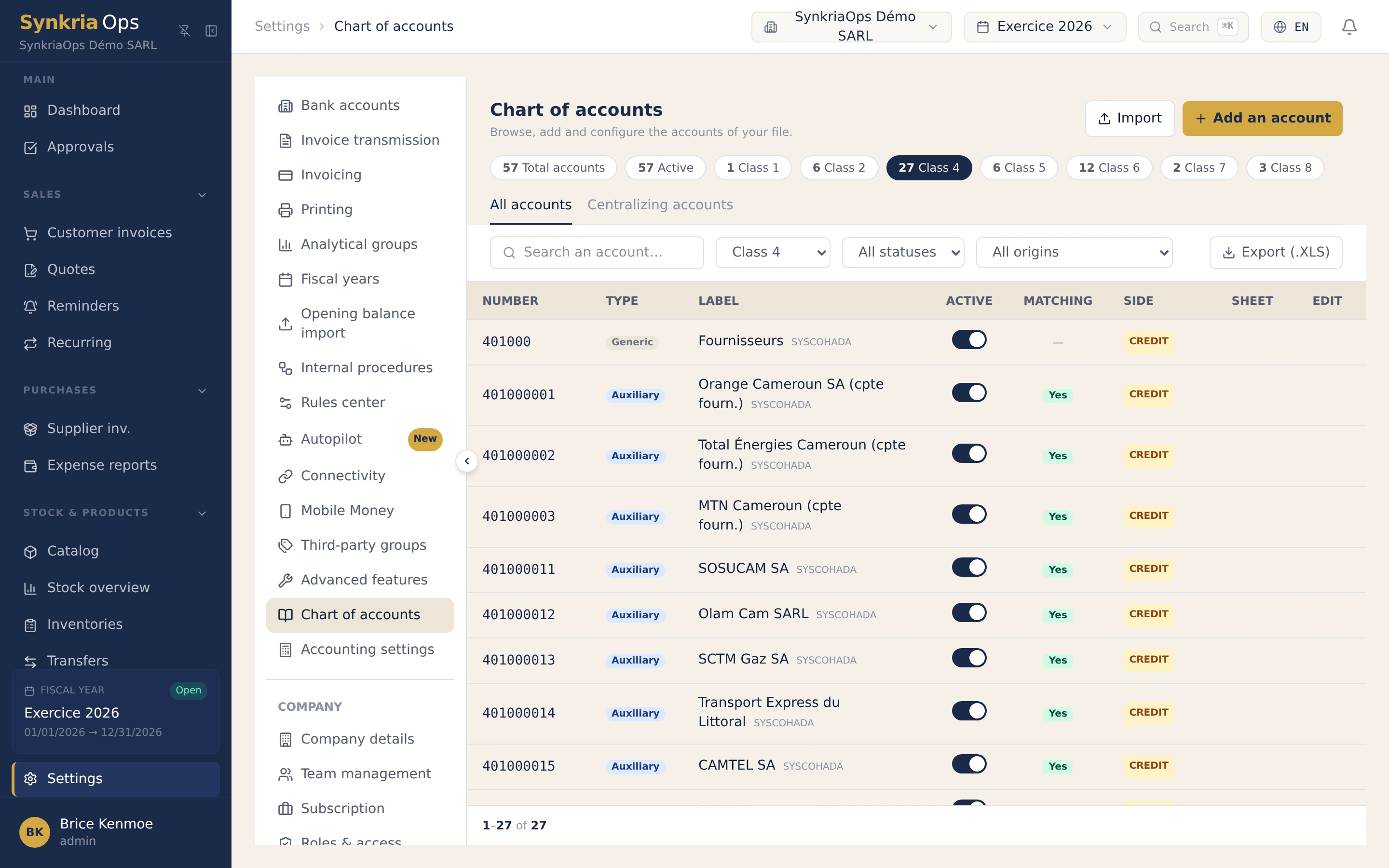SYSCOHADA revised 2019 chart of accounts preloaded in SynkriaOps, classes 1 to 9 with detailed bilingual accounts.