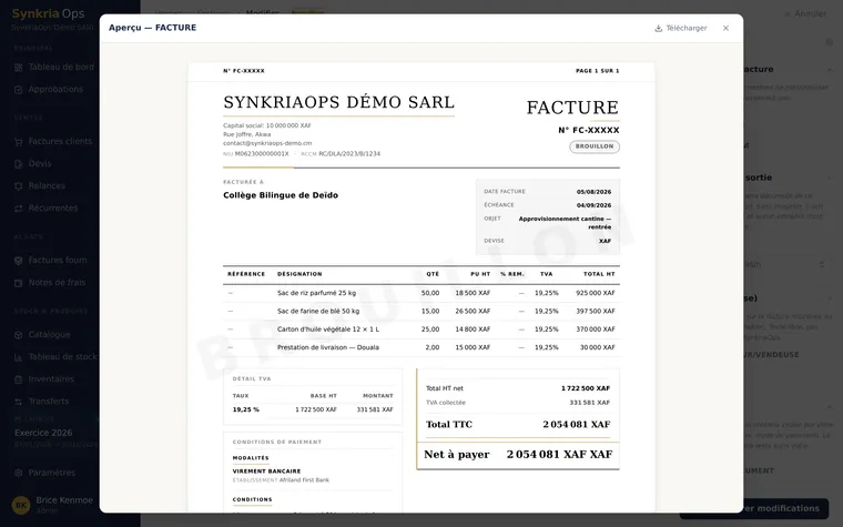 Aperçu PDF d'une facture normalisée OHADA avec mentions légales obligatoires, NIU et RCCM de l'émetteur.