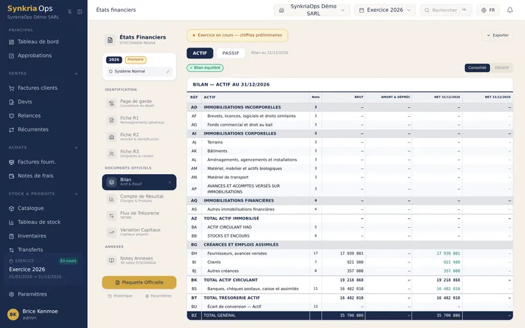 Bilan SYSCOHADA révisé généré par SynkriaOps avec colonnes exercice N et N-1 et totaux actif/passif équilibrés.