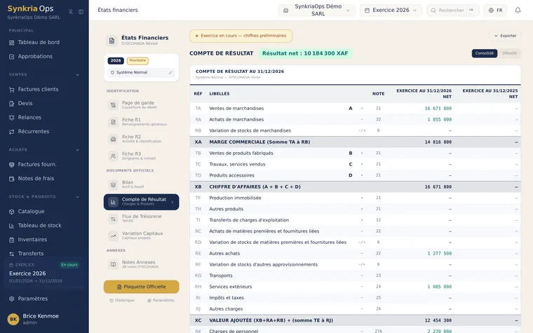 Compte de résultat SYSCOHADA avec soldes intermédiaires de gestion, valeur ajoutée et résultat net de l'exercice.