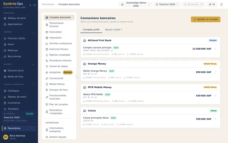 Paramétrage des comptes bancaires et Mobile Money avec le compte SYSCOHADA 521 et le journal associés.