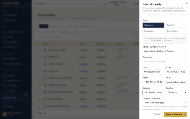 Customer creation form with company name, Cameroonian tax ID (NIU), tax regime and contact details.