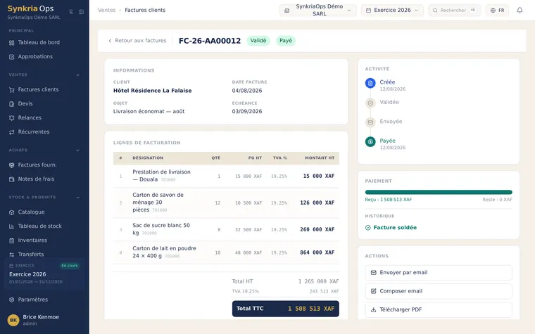 Fiche détaillée d'une facture client partiellement payée avec historique des paiements et écriture comptable rattachée.