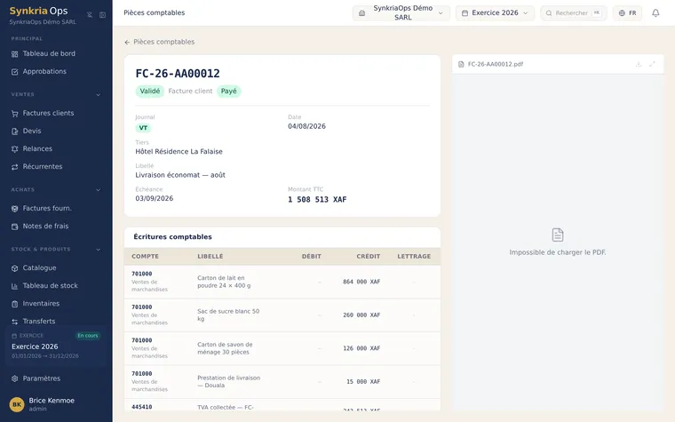 Détail d'une pièce comptable validée avec ses lignes équilibrées débit-crédit et son cachet d'intégrité.