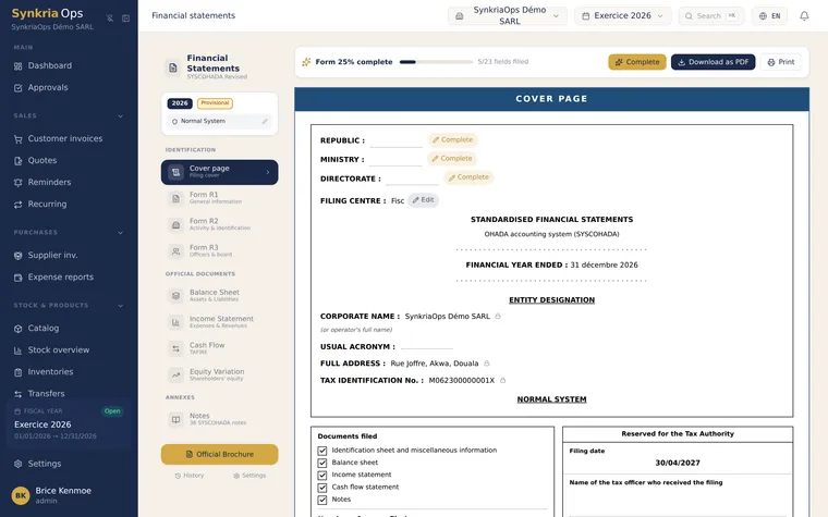 SYSCOHADA bundle cover page generated by SynkriaOps, with company identification and R1, R2, R3 sheets.
