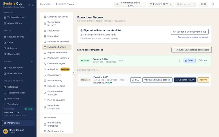 Liste des exercices fiscaux du dossier avec leurs dates, leur statut ouvert ou clôturé et les actions disponibles.