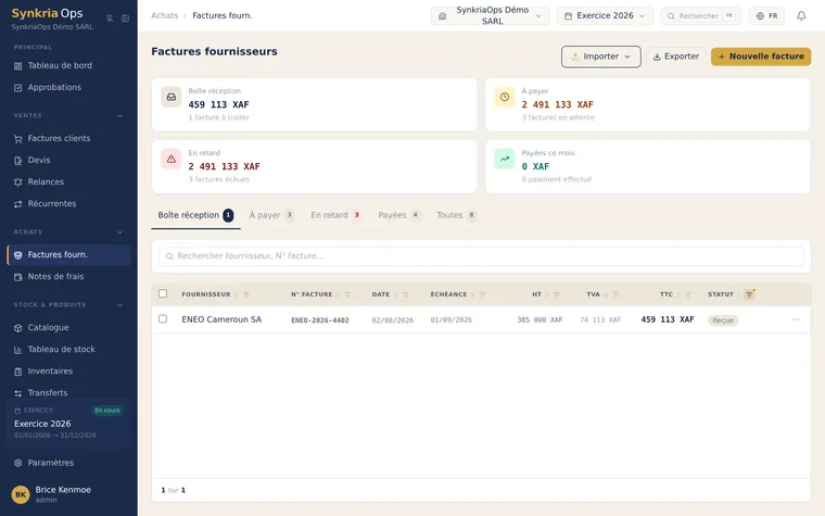 Liste des factures fournisseurs avec zone de dépôt OCR, statuts de validation et échéances de paiement.
