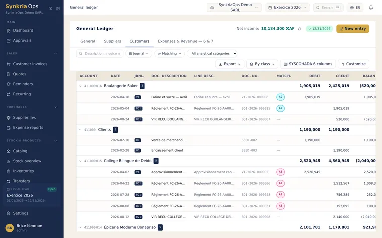 General ledger of a customer account showing each entry, its journal, its matching and the running balance.