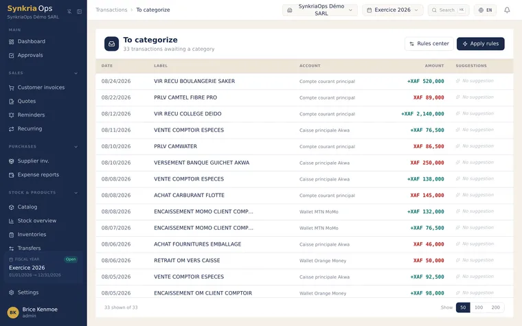 Bank inbox automatically suggesting an accounting counterpart for each transaction awaiting categorization.