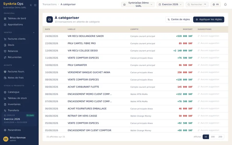 Boîte de réception bancaire proposant automatiquement une contrepartie comptable pour chaque transaction à catégoriser.