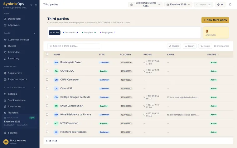 List of customers and suppliers with their SYSCOHADA sub-account, taxpayer ID (NIU) and current balance.