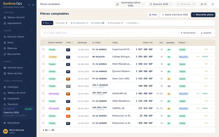 Liste des pièces comptables avec numérotation séquentielle, journal, date et statut brouillon ou validée.