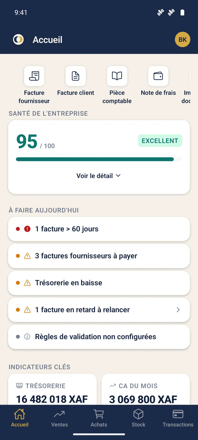 Écran d'accueil de l'application mobile SynkriaOps : santé de l'entreprise, raccourcis de capture, à-faire du jour et indicateurs clés.