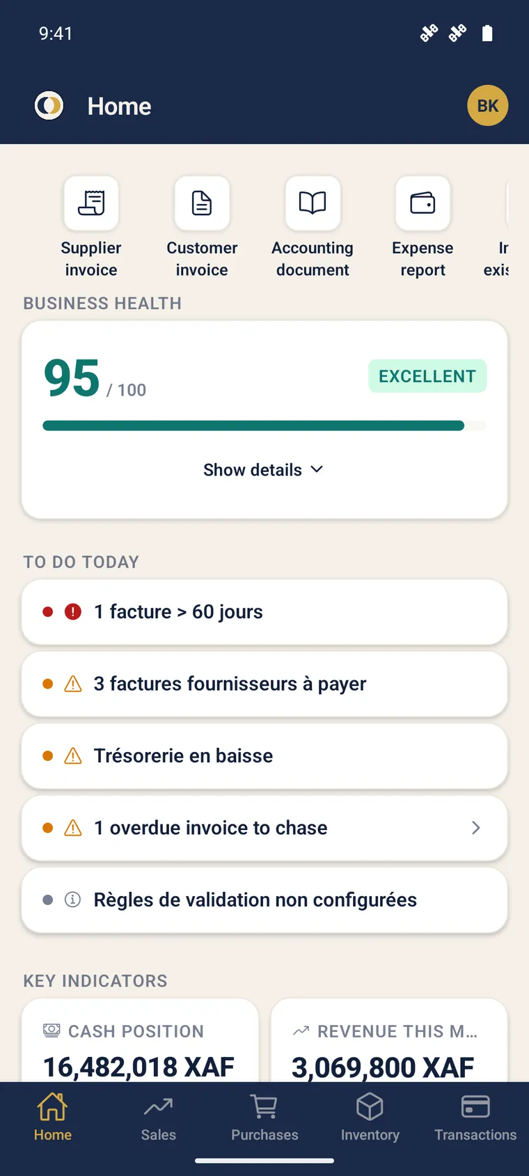 SynkriaOps mobile app home screen: business health, capture shortcuts, to-dos and key indicators.