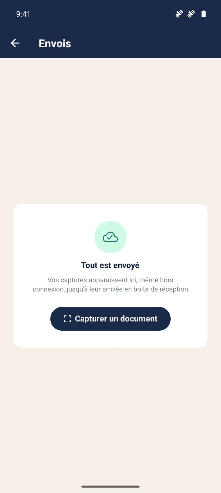 File d'envois de l'application mobile SynkriaOps affichant « Tout est envoyé ».