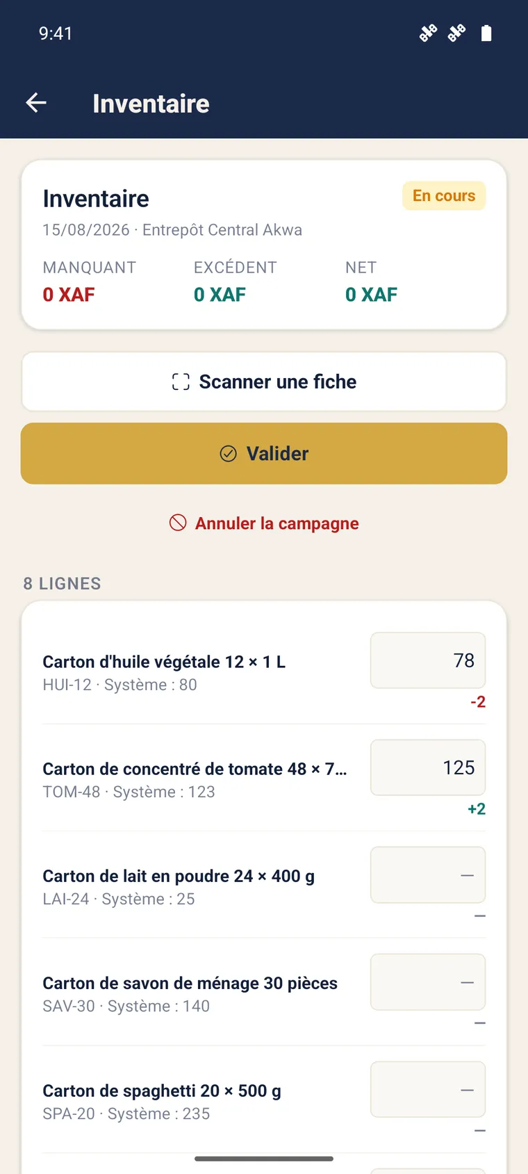 Campagne d'inventaire mobile avec quantités comptées et écarts calculés ligne par ligne.