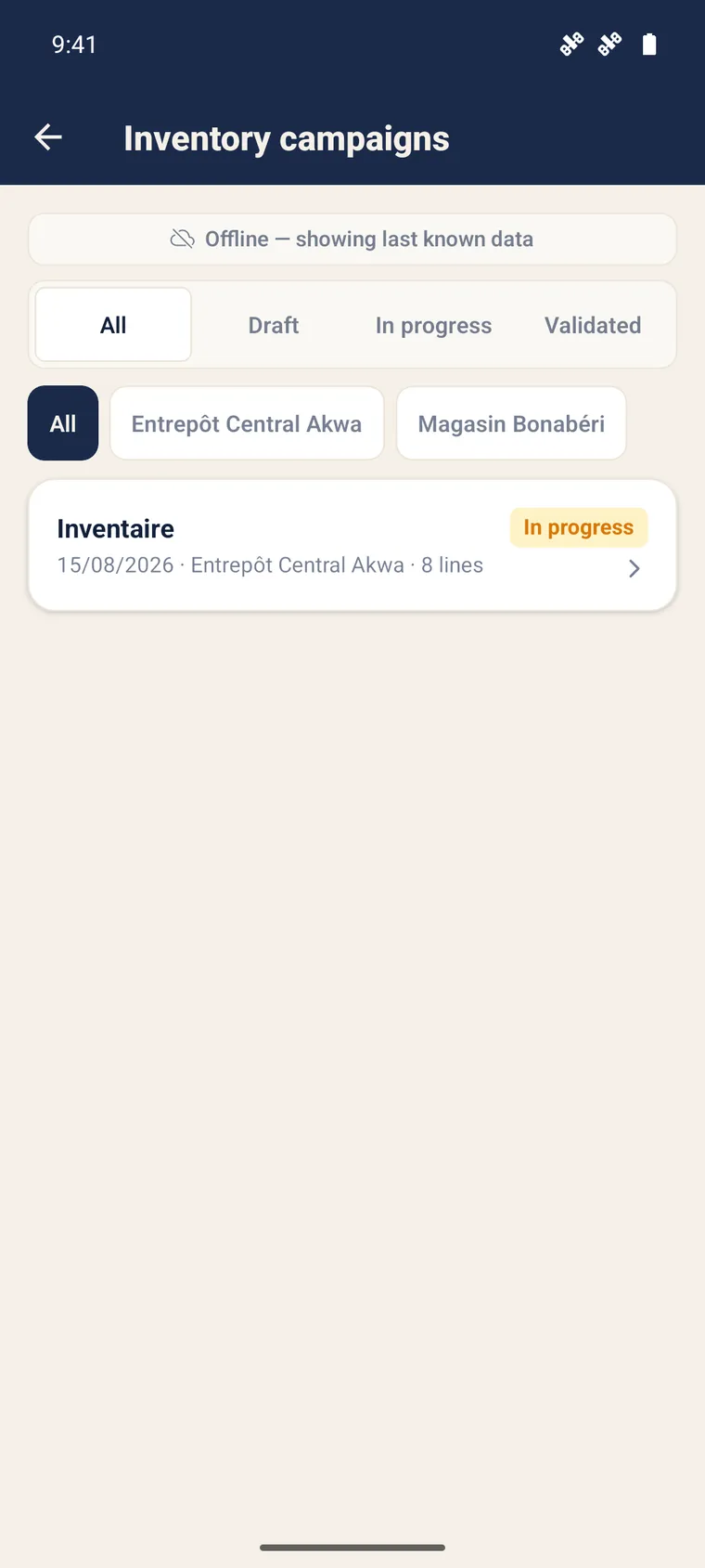 Mobile inventory campaigns list with an in-progress campaign.