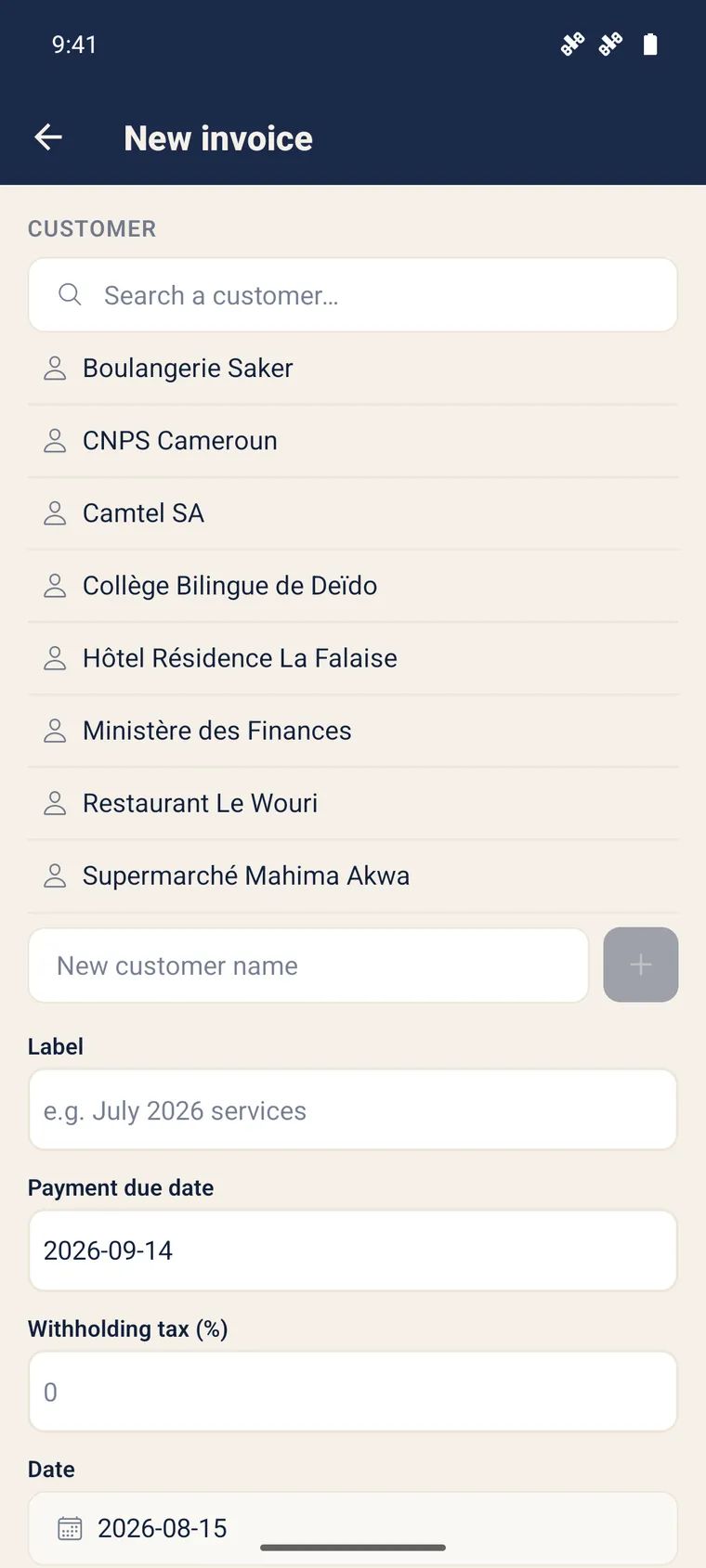 Creating a customer invoice from mobile: customer picker, label, due date and withholding tax.