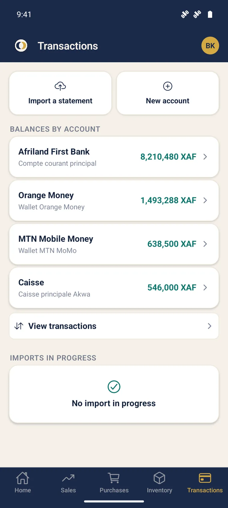 Mobile Transactions screen: balances per bank account, Orange Money, MTN Mobile Money and cash box.
