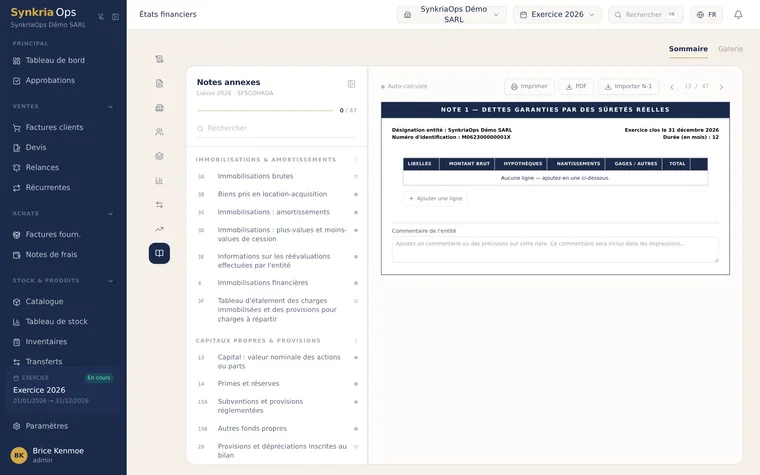 Liste des notes annexes SYSCOHADA dans SynkriaOps avec compteur de progression, notes auto-calculées et notes à compléter, import de l'exercice N-1 et ajout d'une note libre.