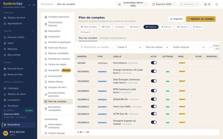 Plan comptable SYSCOHADA bilingue de SynkriaOps avec les neuf classes et les sous-comptes clients personnalisés.