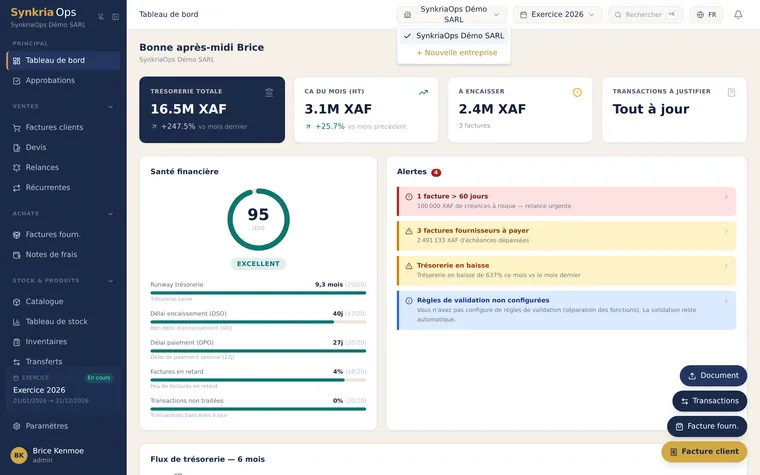 Sélecteur de dossier ouvert dans la barre latérale SynkriaOps permettant de basculer entre deux entreprises.
