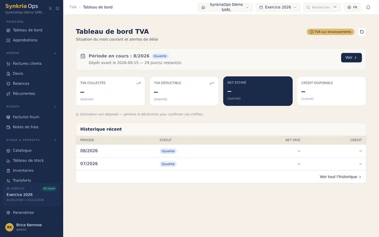Tableau de bord TVA affichant la TVA collectée, la TVA déductible et le montant net à reverser pour la période.