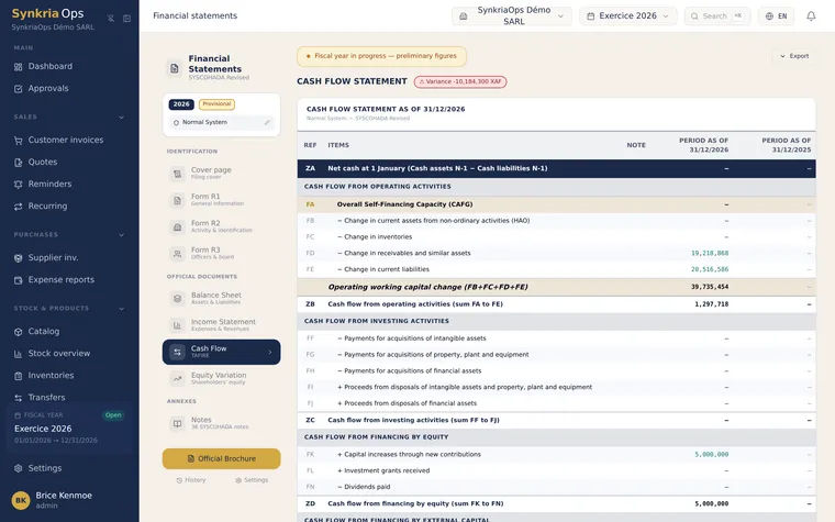 SYSCOHADA statement of cash flows (TFT) generated by SynkriaOps, with the three sections: operating, investing and financing.